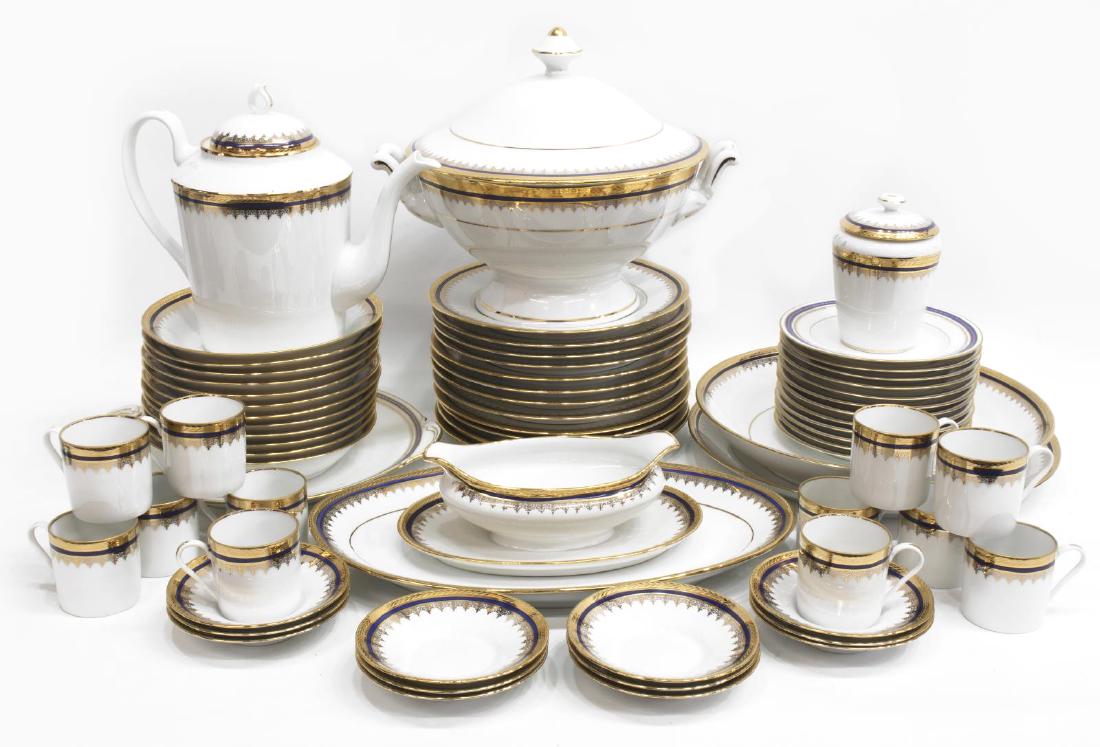 (68) LIMOGES PARCEL GILT PORCELAIN DINNER SERVICE: (lot of 68) French Limoges and Union Ceramique Limoges parcel gilt porcelain partial dinner services, assembled group with slightly varied gilt and royal blue patterns, including: (12) dinner plates, 