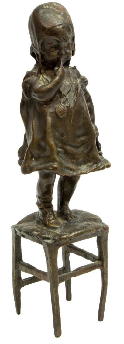 AFTER JUAN CLARA AYATS BRONZE, GIRL ON STOOL: Patinated bronze figure, Young Girl on Stool, signed in cast after Juan Clara Ayats (Spain, 1875-1958), approx 12.75"h, 3.5"w, 3.5"d, 3.5lbs Start Price: $150.00