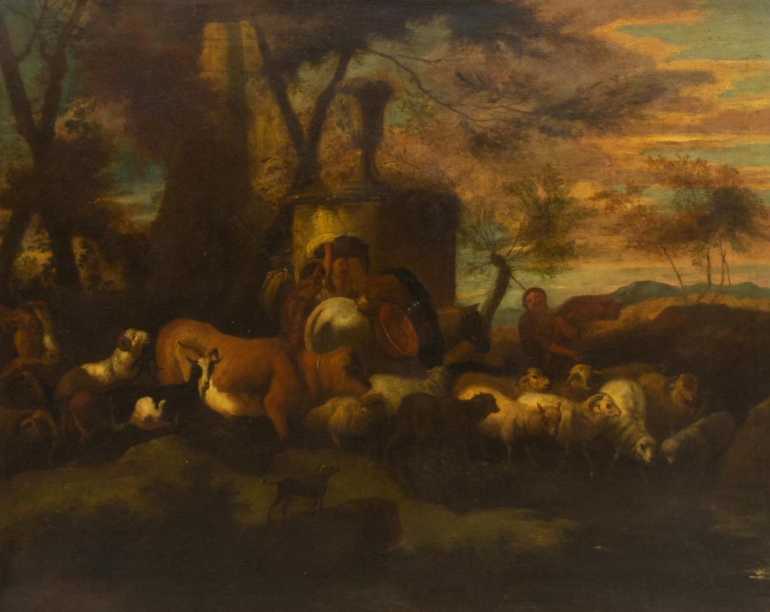 FRAMED PASTORAL OIL PAINTING, WOMEN & LIVESTOCK (1 of 4)