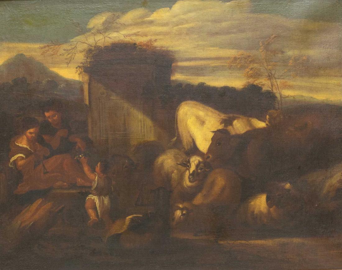 FRAMED PASTORAL OIL PAINTING, WOMEN & LIVESTOCK (1 of 4)