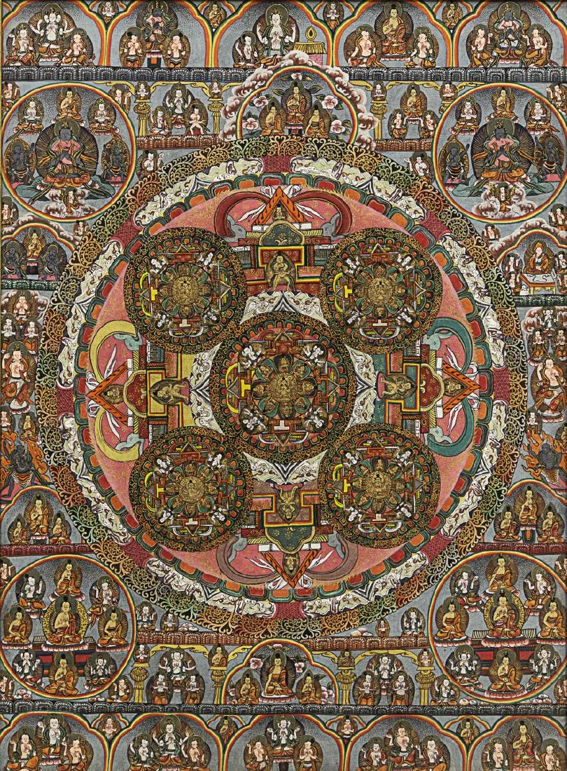 FRAMED TIBETAN BUDDHIST MANDALA THANGKA PAINTING (1 of 4)