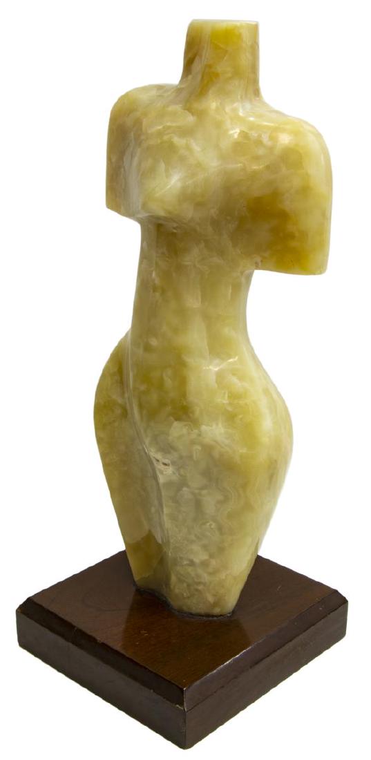 SIGNED ONYX SCULPTURE, NUDE FEMALE TORSO: Onyx sculpture, Nude Female Torso, signed at the back Mario Guti, 18"h, 7.5"w, 5"d, mounted on a wood base: 2"h, 7.75"w, 8"d, 24.25lbs Start Price: $150.00