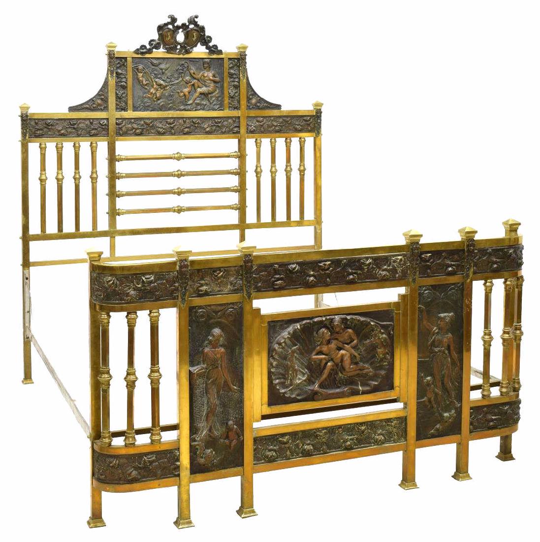 ITALIAN BRASS BED FRAME MOUNTED W/ BRONZE PLAQUES (1 of 7)