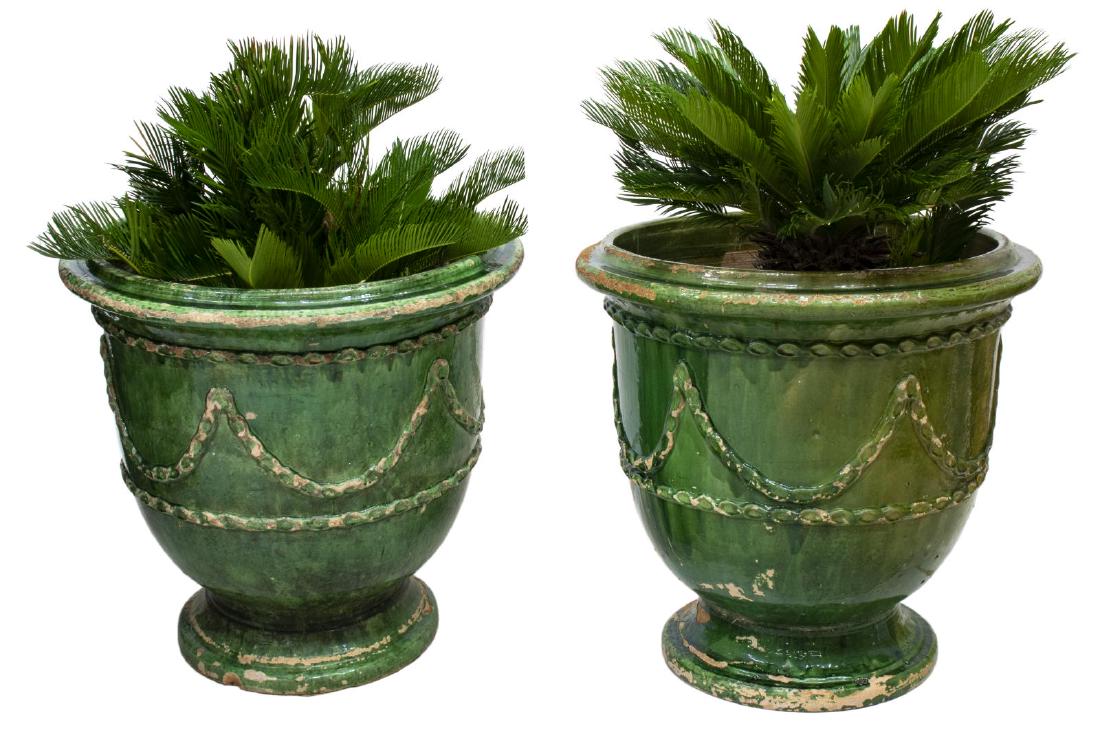 (2) LARGE ANDUZE GREEN GLAZE TERRACOTTA URNS (1 of 3)