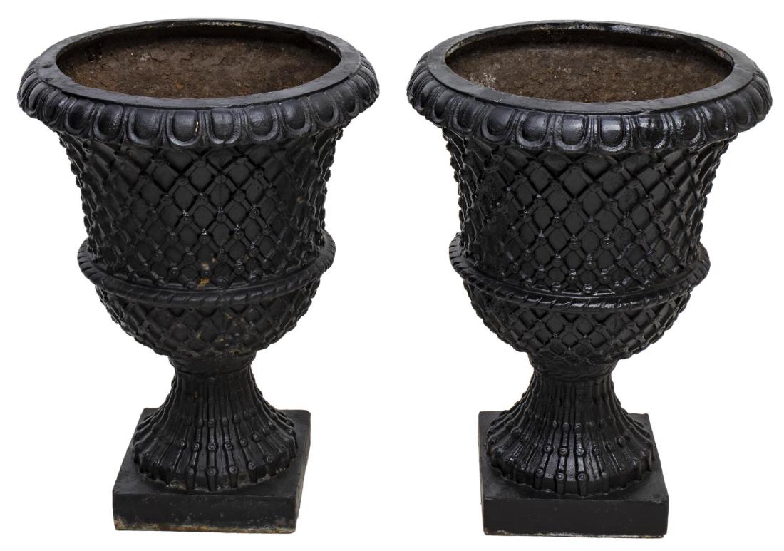 (2) CAMPAGNA FORM BLACK IRON GARDEN URNS (1 of 3)