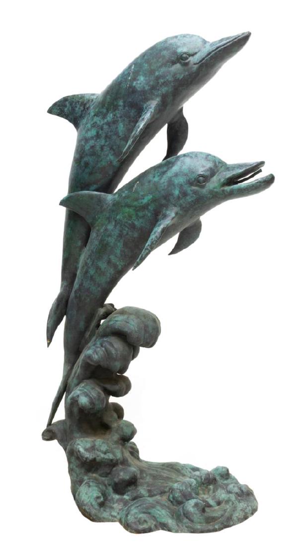VERDIGRIS BRONZE GARDEN FOUNTAIN DOLPHINS ON WAVE (1 of 6)