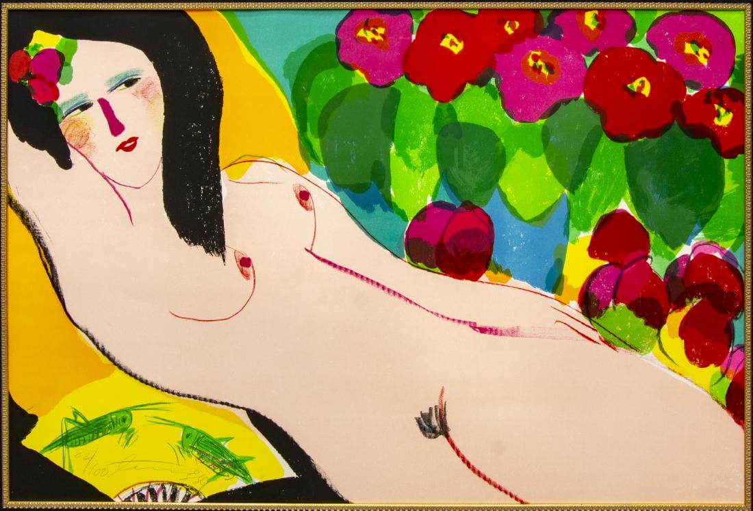 WALASSE TING (CHINA, NYC, 1929-2010) RECLINING NUDE: Framed color lithograph on paper, Reclined Nude, signed lower left, numbered 82/ 100, Walasse Ting (China, France, New York, 1929-2010), sight: approx 27.5"h, 42"w, overall: approx 41"h, 52"w, 25.75lb