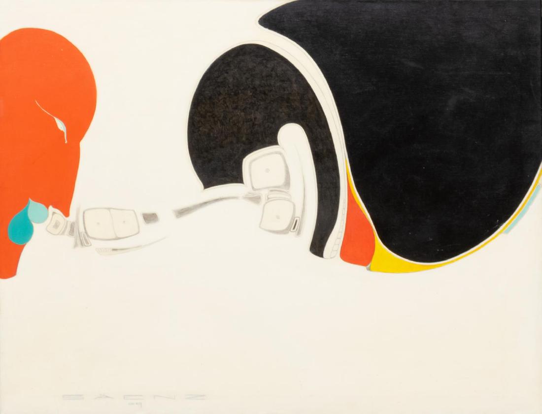 VILEM SAENZ (B.1967) FRAMED MODERNIST OIL PAINTING: Framed oil on stretched linen canvas painting, "Japan," signed Saenz (Vilem Saenz, William Olivares-Blevins, Israel, Czech Republic, 1967-2017), and dated 2009 lower left, sight: approx 28"h, 36"w, ov