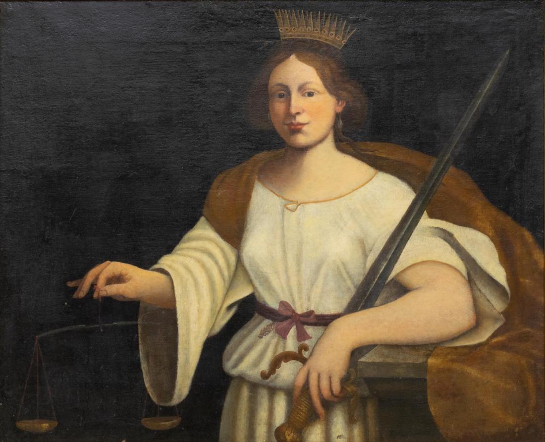 FRAMED OIL PAINTING, JUSTICE W/ SWORD & SCALES (1 of 4)