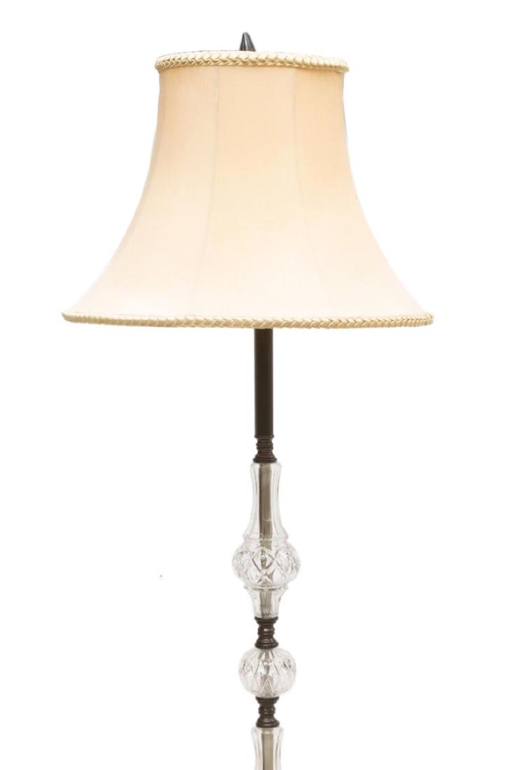 CLAW & BALL FOOT TRIPOD MOLDED GLASS FLOOR LAMP: Standing floor lamp, a single light on the long standard alternating molded glass accents, patinated metal tripod base ending in ball and talon feet, retaining shade, approx 66"h (to finial top) **Pro
