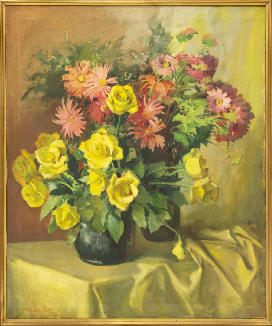 JOHN WILLIAM ORTH (D.1976) STILL LIFE OIL PAINTING: Framed oil painting on canvas, Still Life with Yellow and Pink Flowers, signed lower left J.W. Orth (John William Orth, California, Texas, 1889-1976), stretcher bar marks, canvas: 36"h, 30.5"w, overal