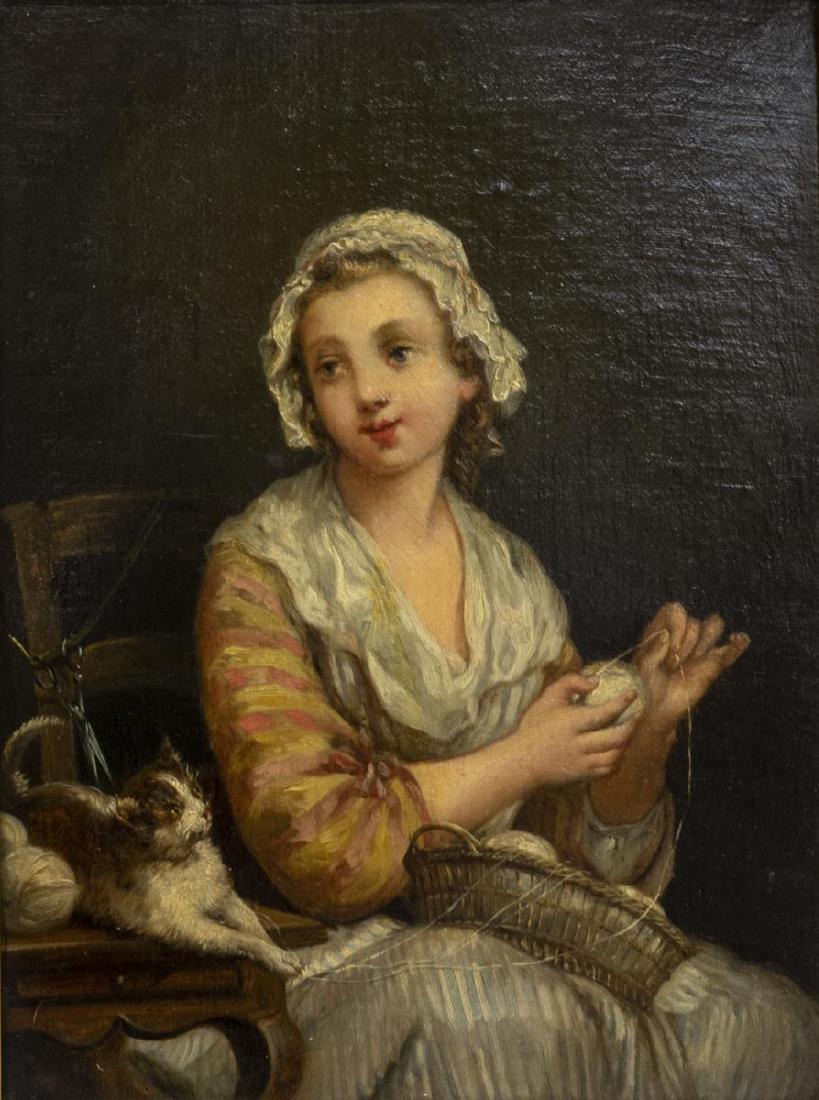 FRAMED OIL GENRE PAINTING, GIRL SEWING W/ CAT: Framed oil on canvas painting, Young Girl with Cat, unsigned, in the manner of Nicolas Lancret (France, 1690-1743), relaid, wax lined, sight: approx 12.25"h, 9.25"w, overall: approx 18"h, 15"w, 3lbs *