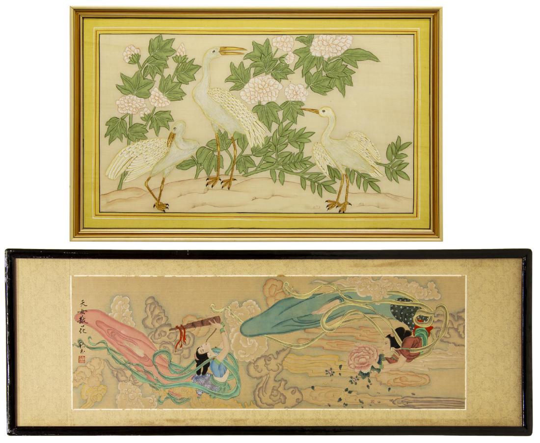 (2) FRAMED CHINESE SILK PAINTINGS, WOMEN & EGRETS (1 of 9)