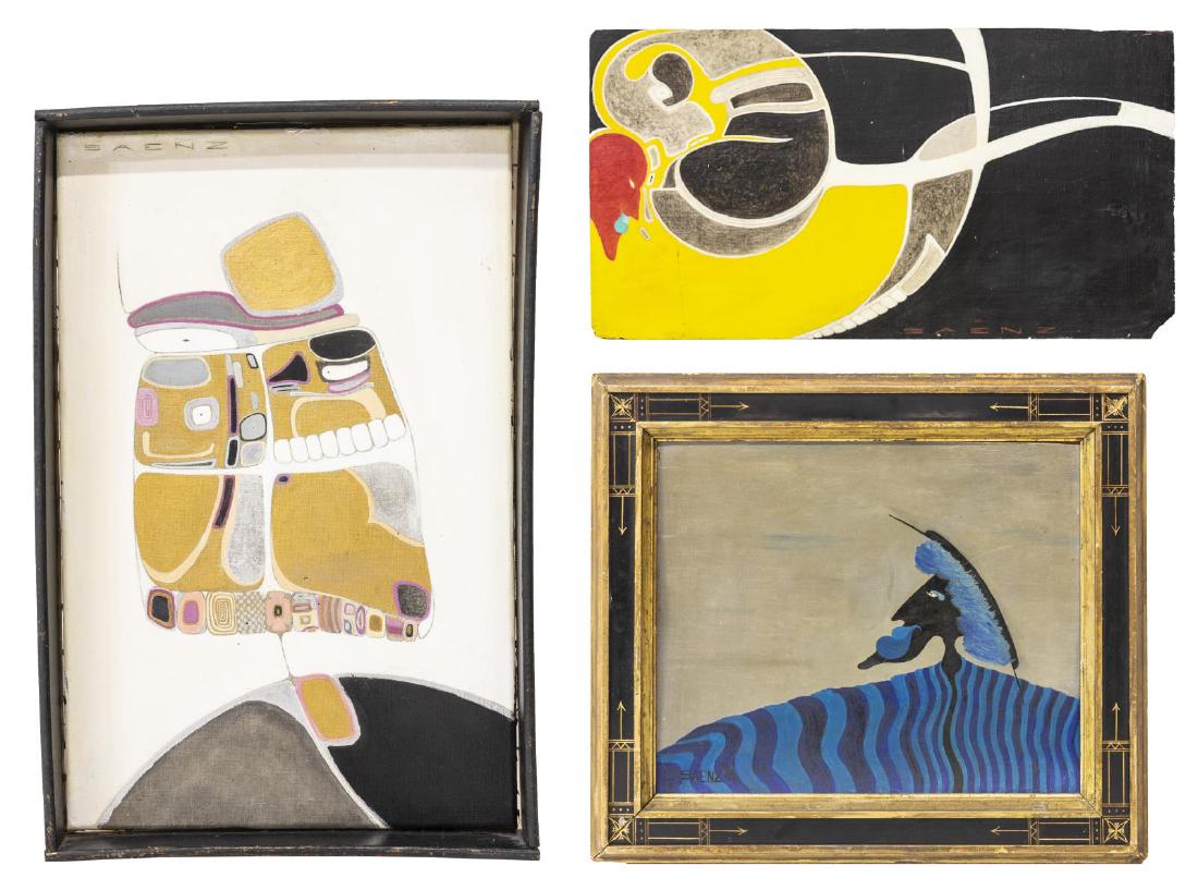 (3) VILEM SAENZ (B.1967) MODERNIST PAINTINGS: (lot of 3) Modernist paintings, signed Saenz (Vilem Saenz, William Olivares-Blevins, Israel, Czech Republic, 1967-2017), including: (1) framed acrylic painting on board, "The Blue Emperor", signed low