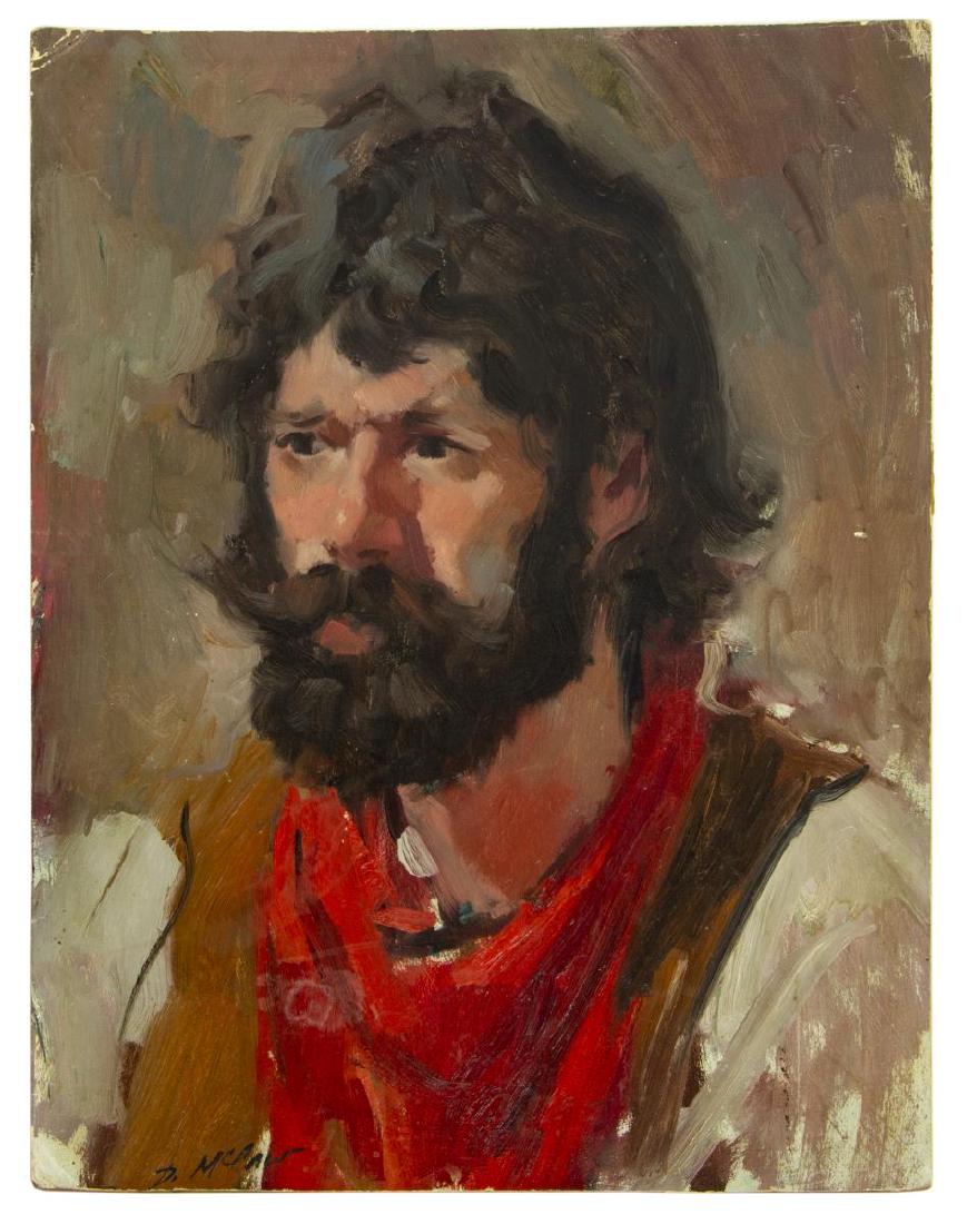 DAN McCAW (B.1942) PORTRAIT OIL PAINTING ON BOARD: Unframed oil painting on artist's board, Portrait of Juan Lucas, signed lower left D. McCaw (Dan McCaw, California, Montana, b.1942), additionally signed and titled verso, creasing at corners, overall