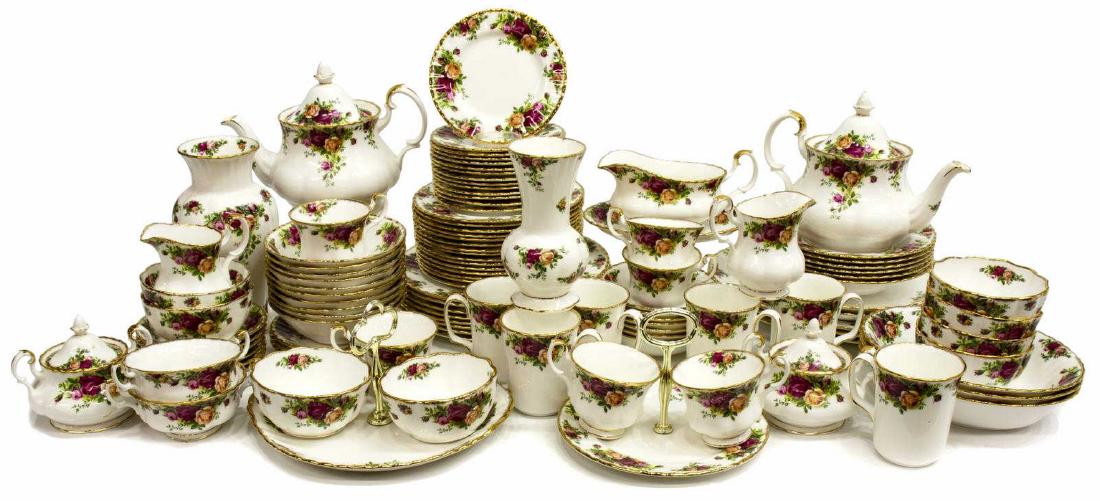 (111) ROYAL ALBERT 'OLD COUNTRY ROSES' BONE CHINA: (lot of 111) Royal Albert "Old Country Roses" bone china dinner service, including: (8) dinner plates, 10 3/8"diam, (15) salad plates, 8 1/8"diam, (14) bread and butter plates, 6 1/4"diam, (6) soup bo