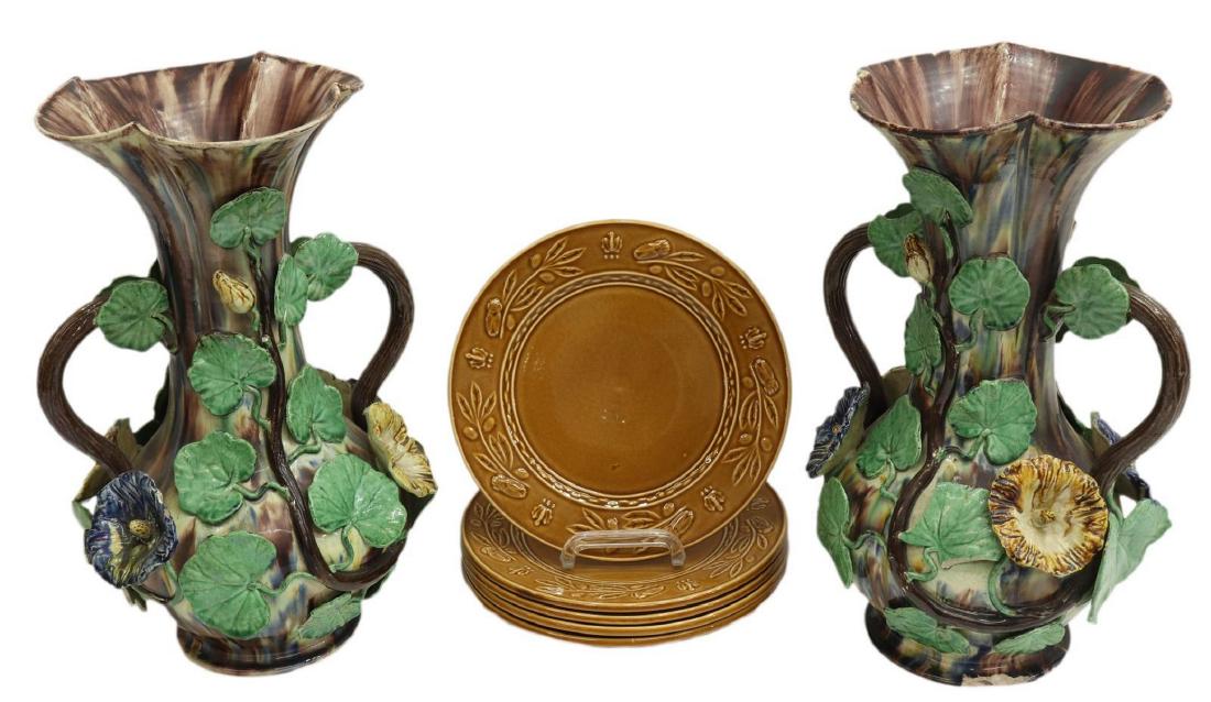 2) FRENCH BARBOTINE MAJOLICA VASES & CICADA PLATES (1 of 5)