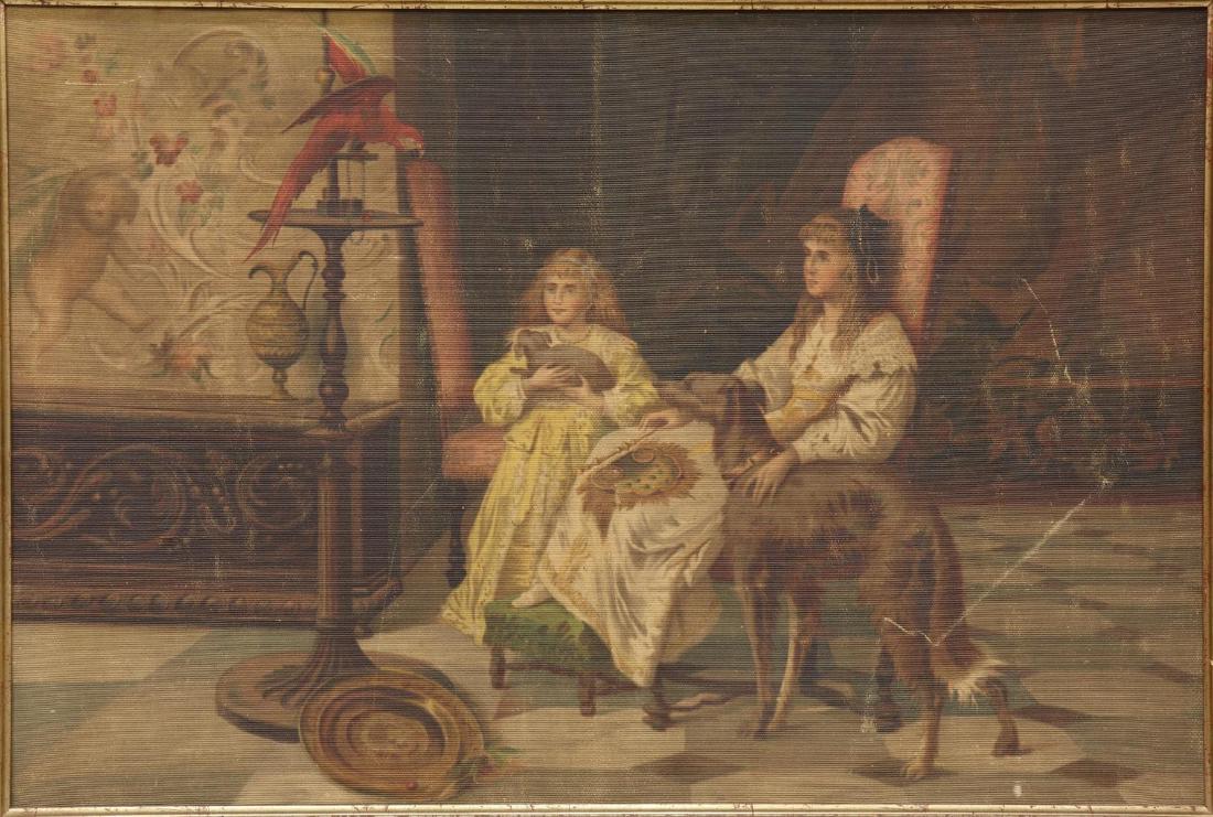 FRAMED PAINTED TAPESTRY, GIRLS W/ MACAW (1 of 4)