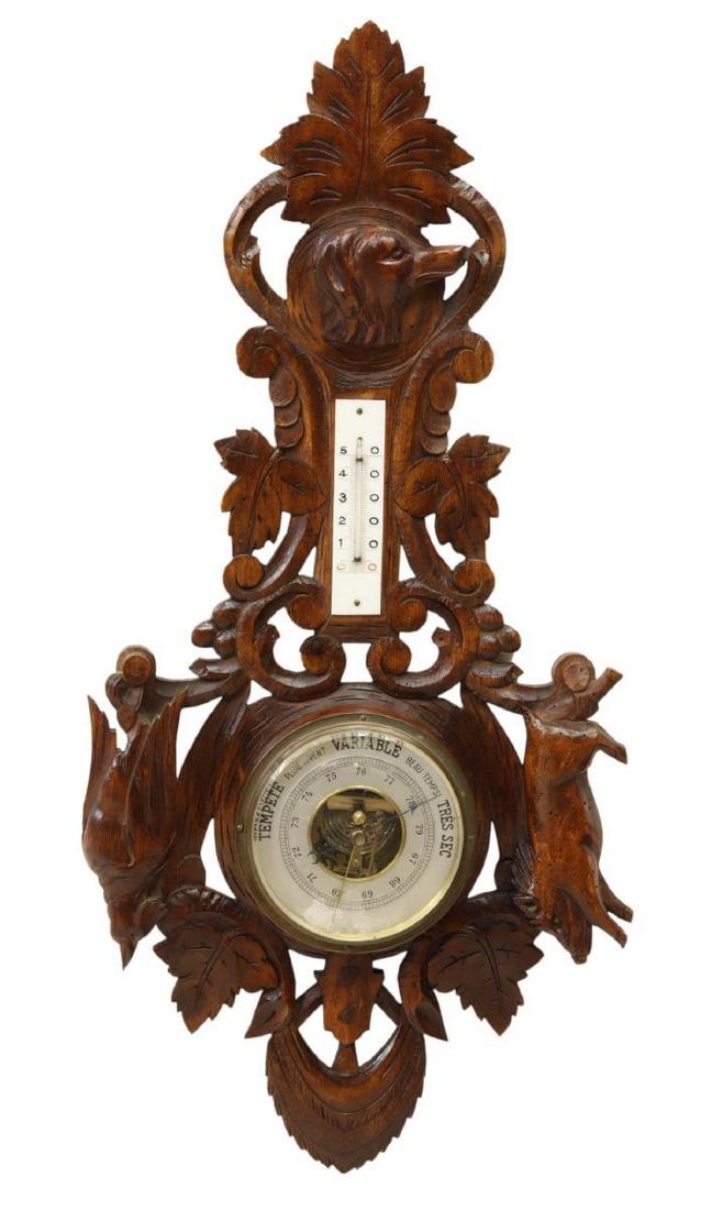 BLACK FOREST CARVED WALNUT THERMOMETER & BAROMETER (1 of 4)