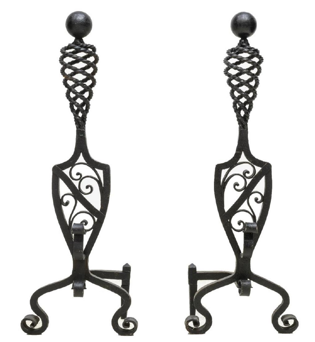 (2) ARTS & CRAFTS SPIRALED WROUGHT IRON ANDIRONS (1 of 2)