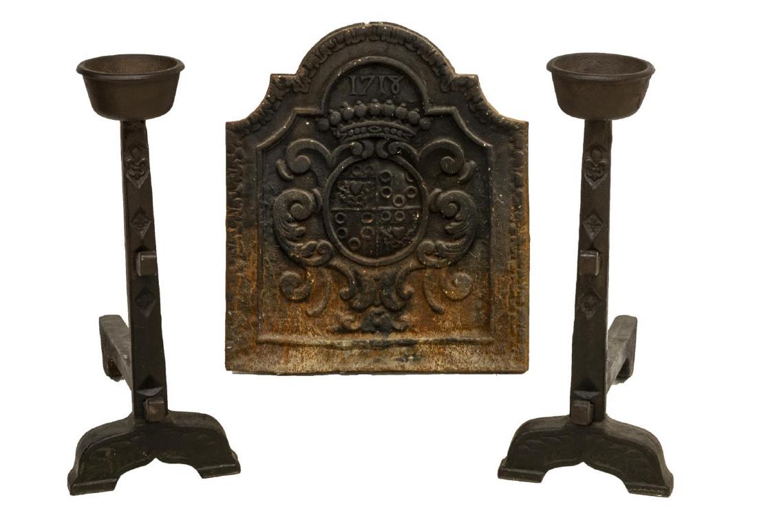 2)FRENCH HEAVY IRON ANDIRONS & 1718 FIREBACK PANEL (1 of 3)