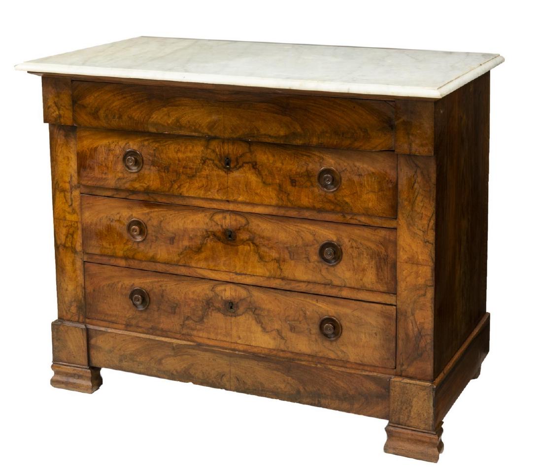 FRENCH LOUIS PHILIPPE MARBLE TOP BURLWOOD COMMODE: French Louis Philippe period burlwood commode, mid 19thc., a white marble top surmounting the case with one concealed drawer above three other drawers with carved pulls (one lower pull with loss), all