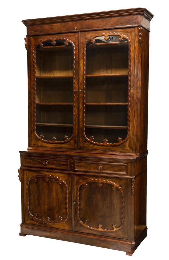 FRENCH MAHOGANY GLAZED DEUX CORPS BUFFET: French mahogany deux corps buffet, early 20th c., cornice top with canted corners, over corresponding case, stepback double-door cabinet, with undulating molding framing inset glass panes, lower case 