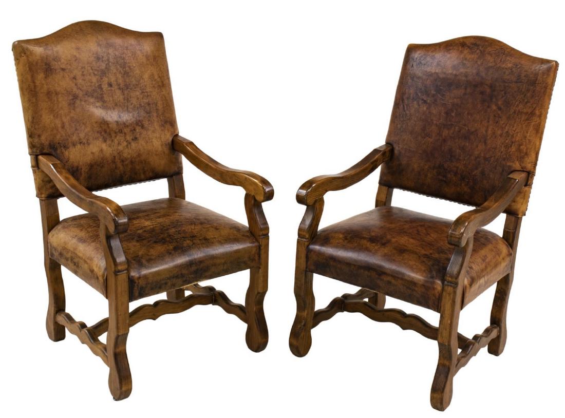 (2) RUSTIC HIGHBACK LEATHER & WOOD ARM CHAIRS (1 of 2)