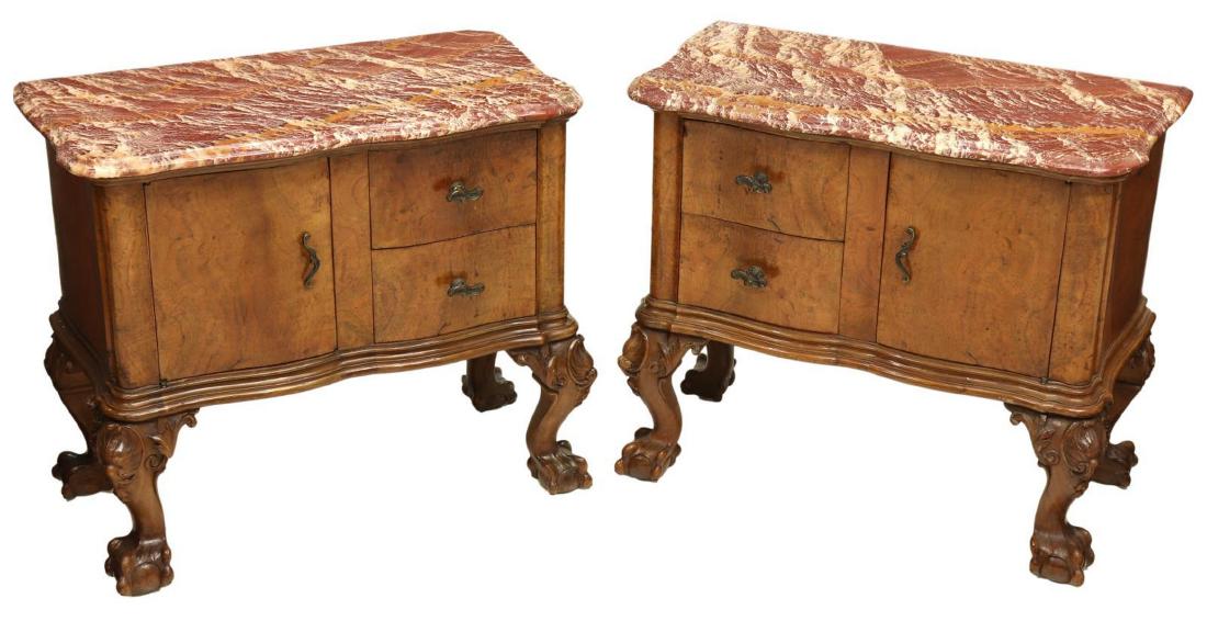 (PR) VENETIAN MARBLE-TOP BURLWOOD BEDSIDE CABINETS (1 of 4)