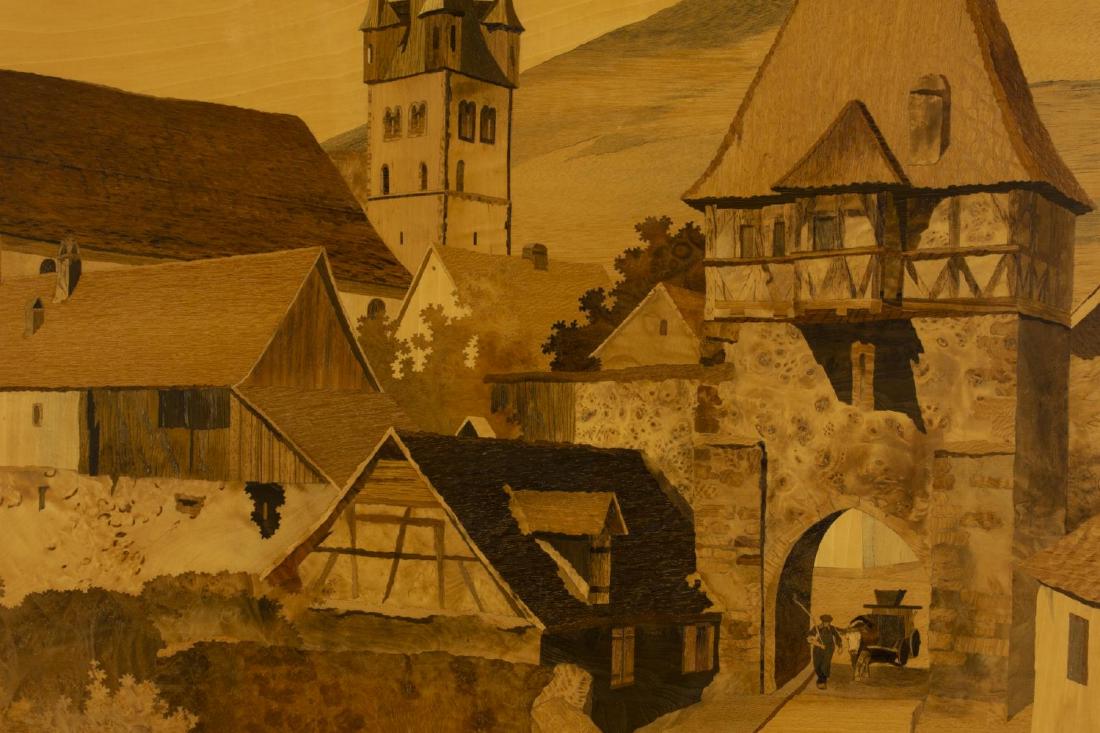 FRAMED MARQUETRY ALSATIAN SCENE, SPINDLER: Framed marquetry panel, Alsatian Village, incised signature lower right Spindler (Jean Charles Spindler, France, b.1948), sight: approx 23"h, 39.5"w, overall: approx 29.25"h, 45.75"w, 16lbs Start Pric