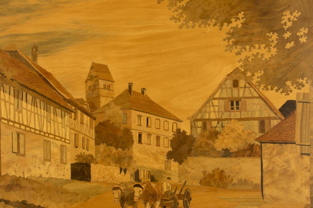 FRAMED MARQUETRY ALSATIAN SCENE, SPINDLER: Framed marquetry panel, "Saessolsheim," incised signature lower right Spindler (Jean Charles Spindler, France, b.1948), titled verso, sight: approx 23.25"h, 32.75"w, overall: approx 29.25"h, 38.75"w,