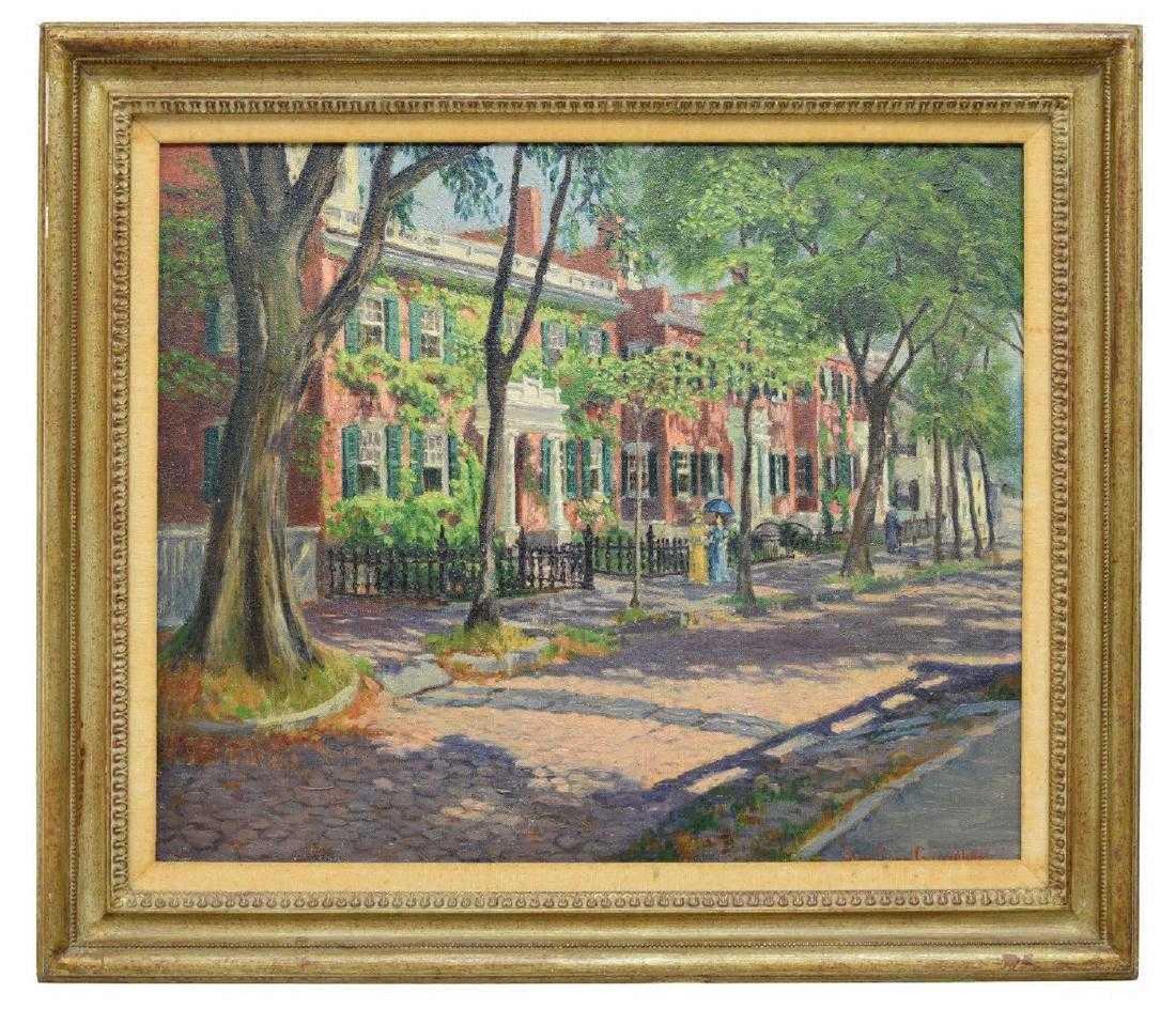 SUE CORY GUENTHER (D.1948) CITY LANDSCAPE PAINTING: Framed oil on canvas painting, City Landscape, signed lower right Sue Cory Guenther (New York, Illinois, 1875-1948), sight: 19.25"h, 23.25"w, overall: 26"h, 29.5"h, 7.5lbs Start Price: $80.00