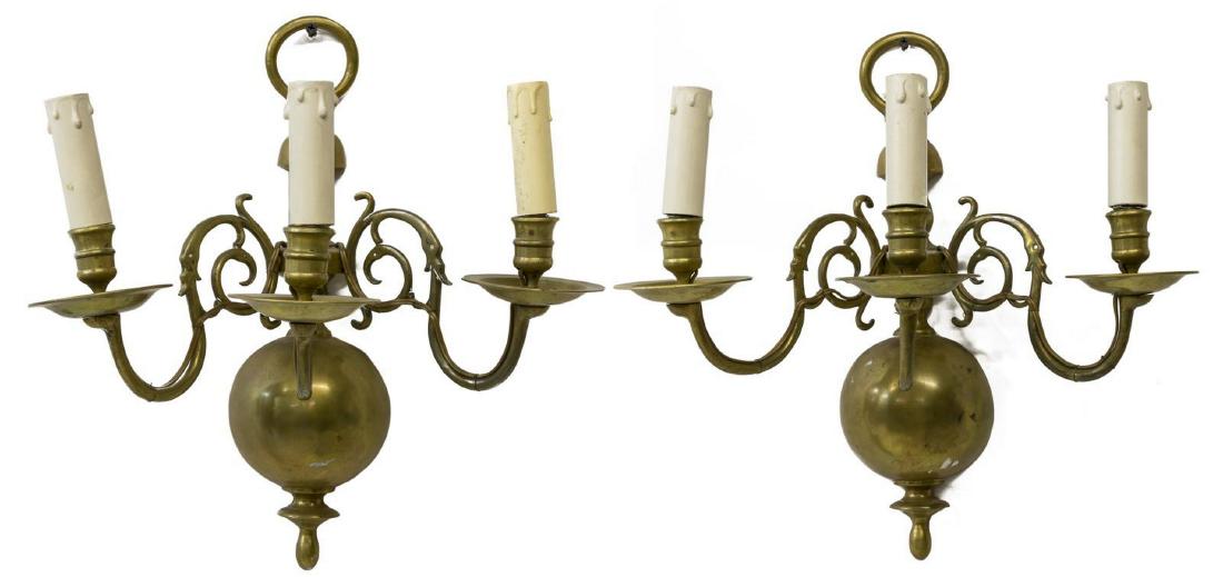 (PAIR) DUTCH STYLE BRASS THREE-LIGHT WALL SCONCES (1 of 2)