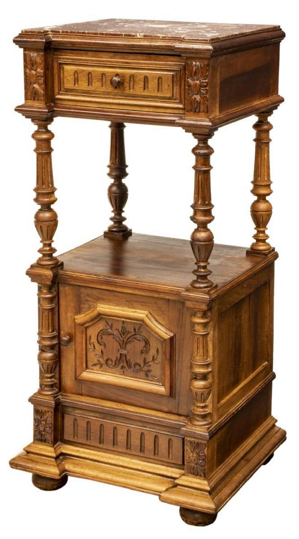 FRENCH HENRI II STYLE MARBLE-TOP WALNUT NIGHTSTAND (1 of 6)