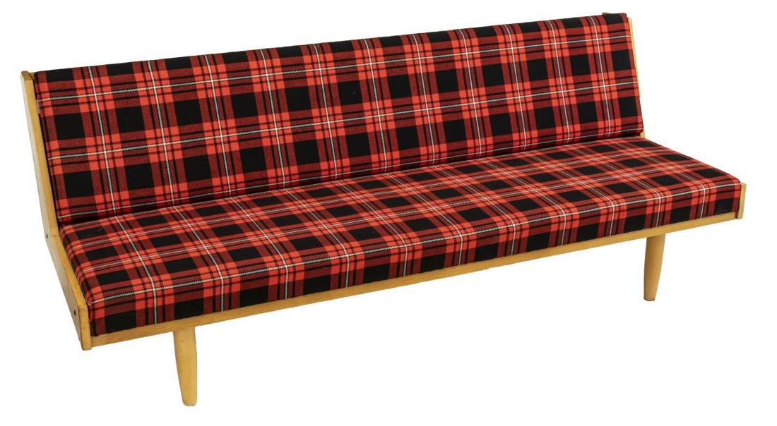 DANISH MID-CENTURY MODERN CONVERTIBLE DAYBED SOFA: Danish mid-century modern oak framed daybed/ sofa, c. 1960s, with red and black plaid upholstery, slight fabric loss upper right back, approx 30"h, 77"w, 29.25"d Start Price: $200.00
