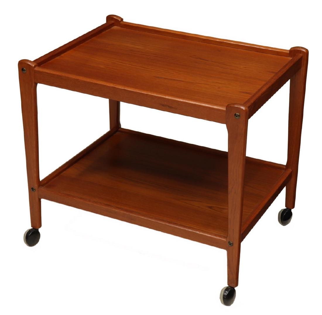 DANISH MID-CENTURY BRDR FURBO TEAK SERVICE CART: Danish mid-century modern teak service cart, c. 1950s, manufactured by BRDR Furbo, with two rectangular tiers, on wheels, retaining maker's label, approx 23"h, 26"w, 19"d Start Price: $100.00
