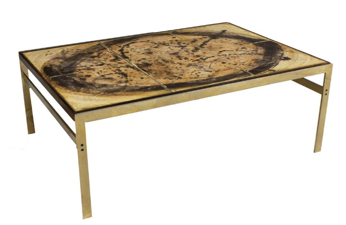 DANISH MODERN BIRTE HOWARD TILE-TOP COFFEE TABLE: Danish mid-century modern coffee table, c. 1973, having ceramic tile top, with incised date and signed Birte Howard (Birte Minor Vedel Howard, Denmark, b.1932), rosewood frame, over chromed steel base