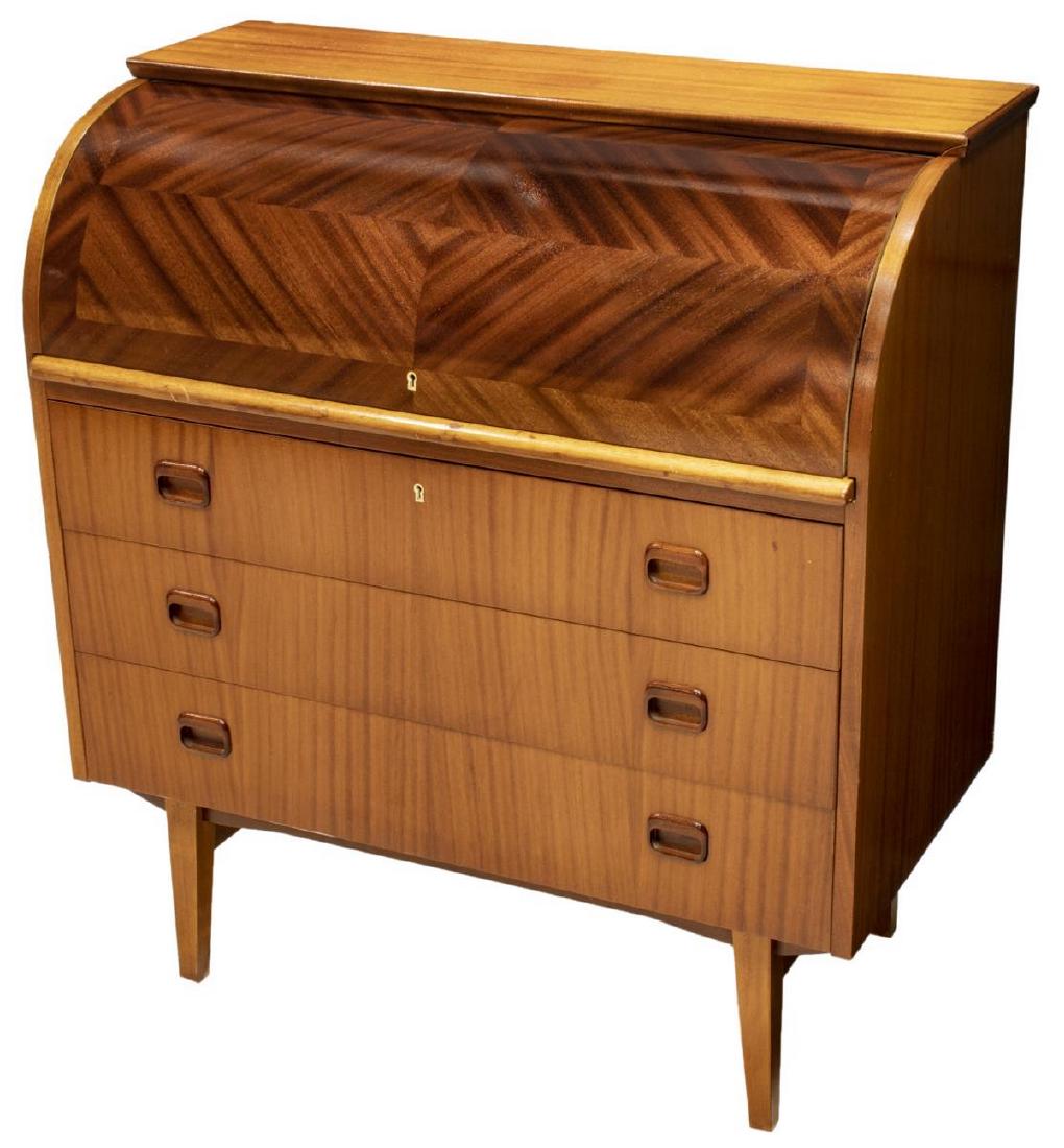 DANISH MID-CENTURY MODERN BUREAU DESK: Danish mid-century modern bureau desk, c. 1950s, having diamond matched veneers, the roll top opening to fitted interior with three drawers, above three exterior drawers, approx 38.5"h, 34.75"w, 18.5"