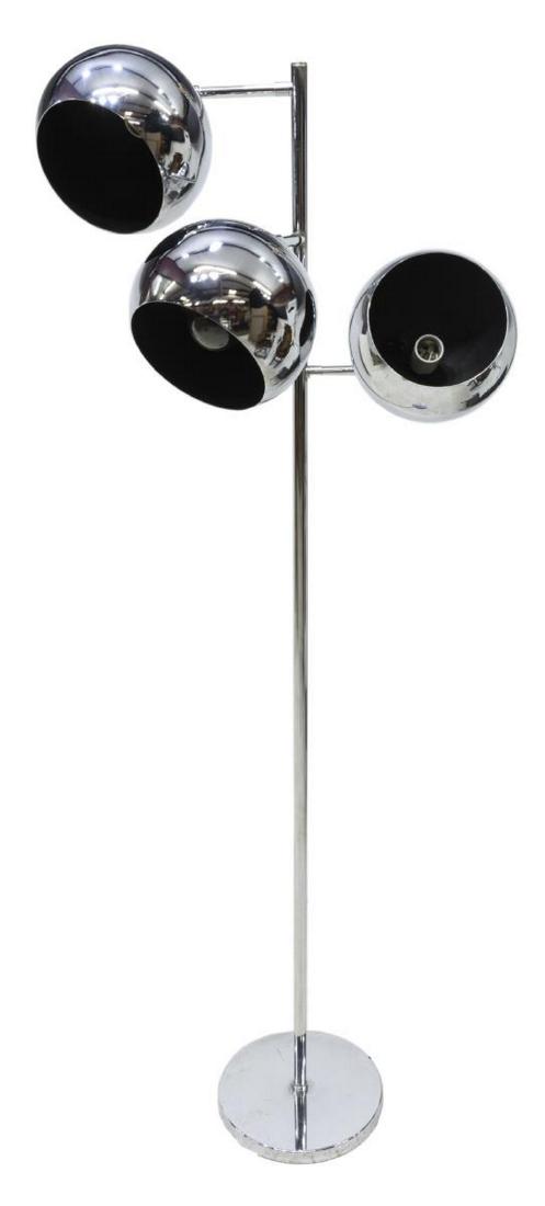 ROBERT SONNEMAN STYLE THREE-LIGHT FLOOR LAMP: Mid-century modern three-light floor lamp, c. 1960s-1970s, in the style of Robert Sonneman (United States, b.1943), with independently adjustable domed shades, each concealing a single light, on tubul