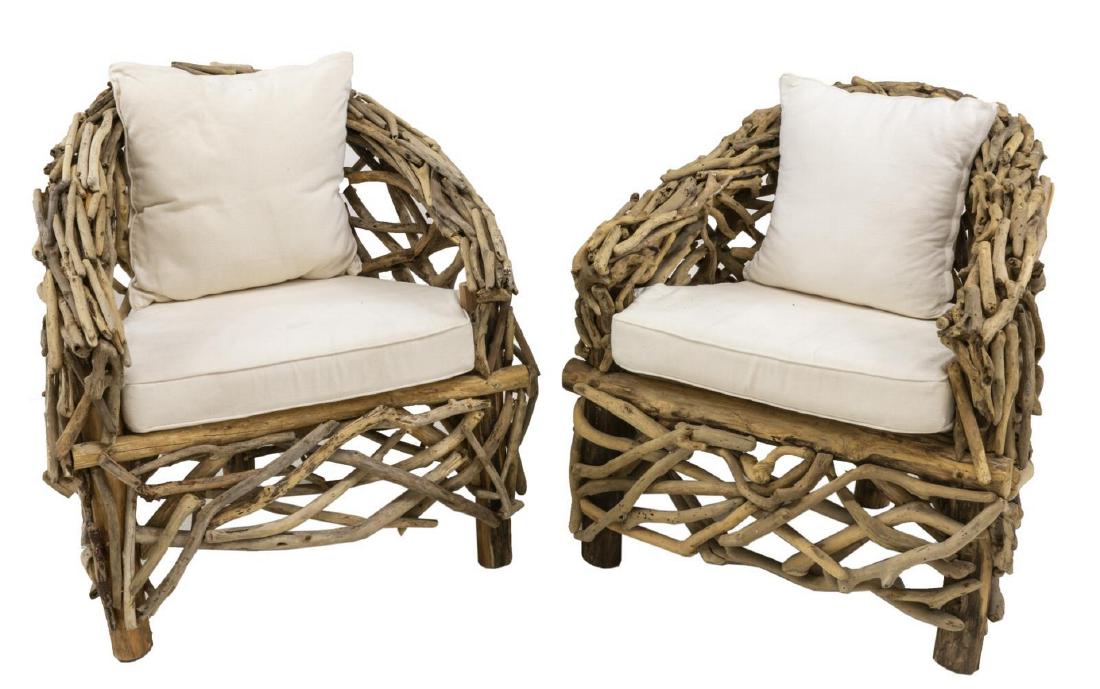 2) NEW DUPIS FURNITURE 'SURYA' DRIFTWOOD ARMCHAIRS: (lot of 2) New Dupis Furniture "Silla Surya" armchairs, assembled driftwood frames, with removable back and seat cushions, approx 33.5"h, 33"w, 28"d *Provenance: Inventory liquidation of a local retai