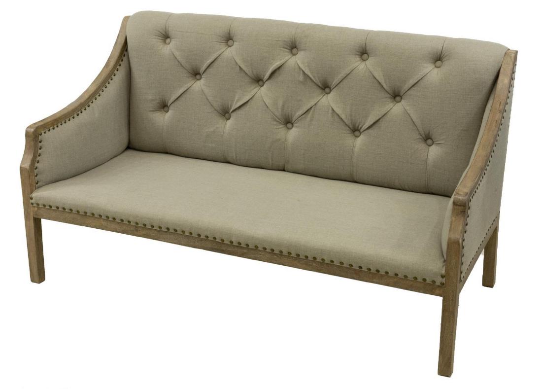 NEW DUPUIS FURNITURE 'FENELLA' GREY LINEN SOFA: New Dupuis Furniture "Fenella" sofa, having light grey linen upholstery, accented by a button tufted backrest and brass tacking, with two removable cushions, supported by a lightly distressed stained 