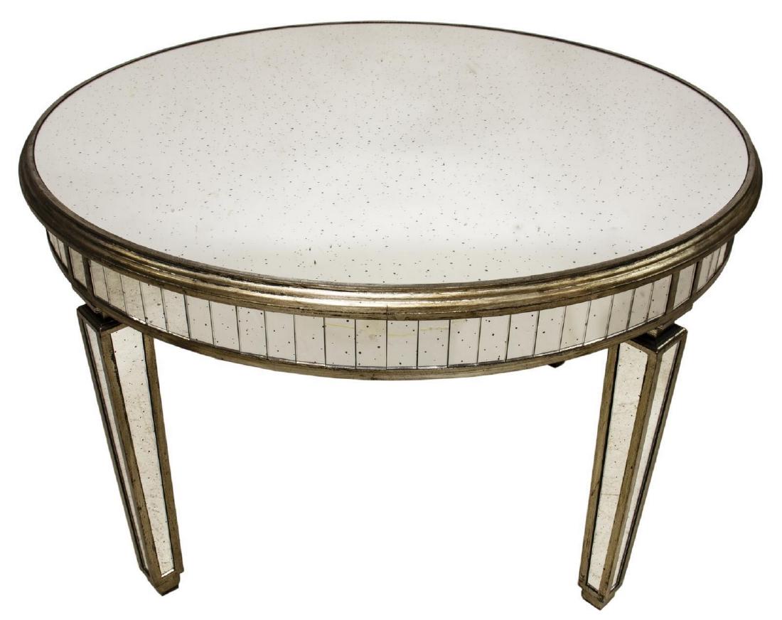 NEW DUPUIS FURNITURE MIRRORED CIRCULAR TABLE: New Dupuis Furniture mirrored table, circular tabletop, segmented mirrored apron, rising on tapering square legs, approx 31"h, 47.25"diam *Provenance: Inventory liquidation of a local retailer direct 