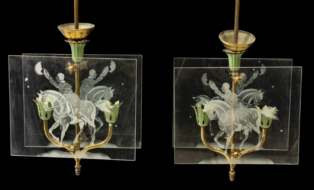 (2) ITALIAN FOLIATED & ETCHED GLASS CEILING LIGHTS: (lot of 2) Italian etched glass & metal two-light hanging ceiling lamps, early 20thc., each having two branches with foliated bobeche, concealing a single light, fronted by etched glass panes of figur
