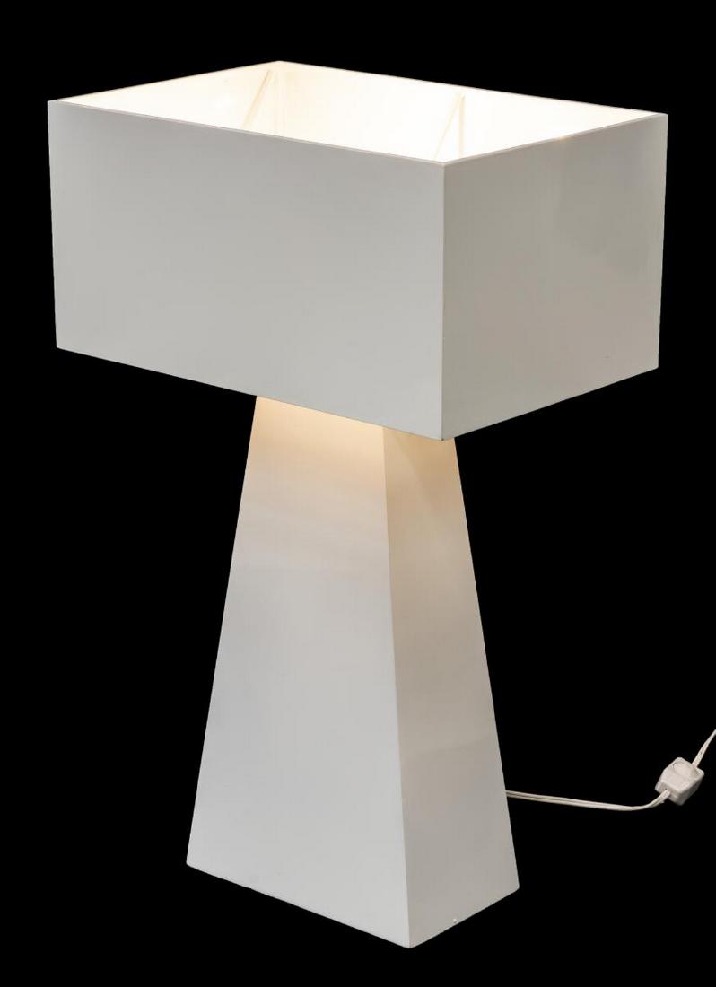 GEORGE KOVACS FOR MINKA MODERN WHITE TABLE LAMP: Modern three-light table lamp, designed by George Kovacs (United States, 1927-2007) for Minka Group, model P668-044, white enameled steel shade concealing three lights, on flared base, retaining tags,