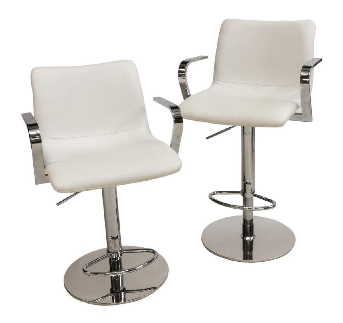 (2) JASPER MORRISON HAL LEATHER & CHROME BAR CHAIR: (lot of 2) White leather and chromed steel adjustable height Ha bar stool, late 21st c., Jasper Morrison, the white leather seats accented by open arms rising on chromed steel standard with height adj