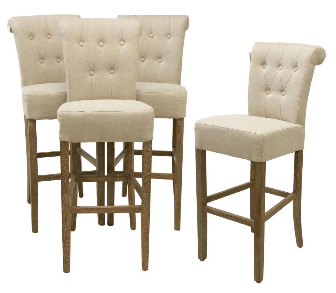 (4) CONTEMPORARY BUTTONED LINEN BARSTOOLS: (lot of 4) Contemporary barstools, each having rolled button back and padded seat in tan linen upholstery, on stretcher joined base, approx 44.5"h, 16.75"w, 18.25"d Start Price: $200.00