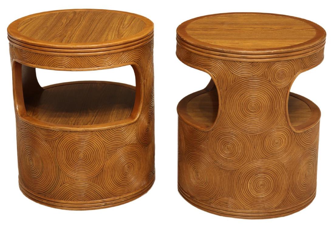 (2) VINTAGE CRESPI STYLE PENCIL BAMBOO SIDE TABLES: (lot of 2) Vintage side tables, c. 1970s, in the style of Gabriella Crespi (Italy, 1922-2017), two-tiered circular form, with applied pencil reeds/ bamboo in concentric circle motif, approx 24"h, 20.2