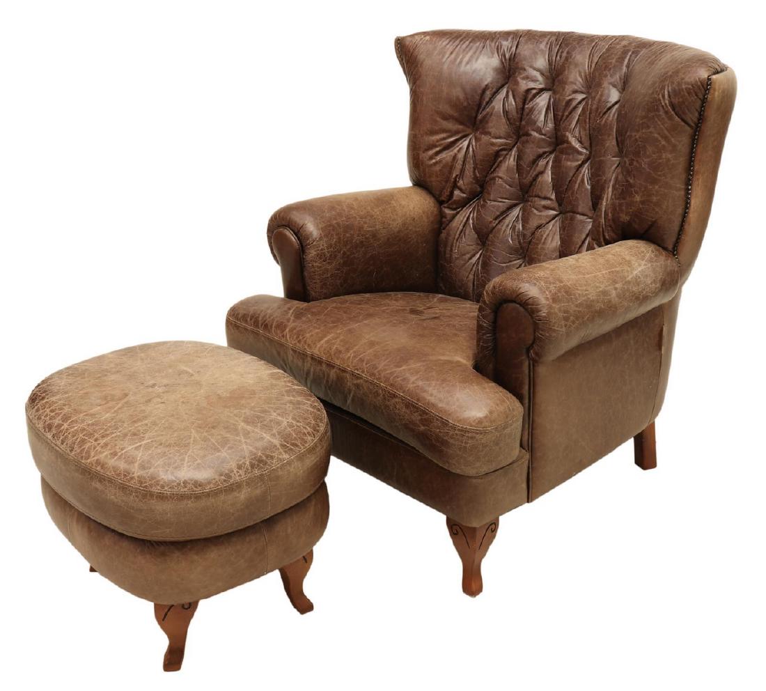 (2) ITALIAN PIQUATTRO LEATHER ARMCHAIR & OTTOMAN: (lot of 2) Italian brown leather seating group, late 20th c., manufactured by Piquattro, including: (1) armchair, button-tufted curved back, with brass tack trim, rolled armrests flanking seat cushion