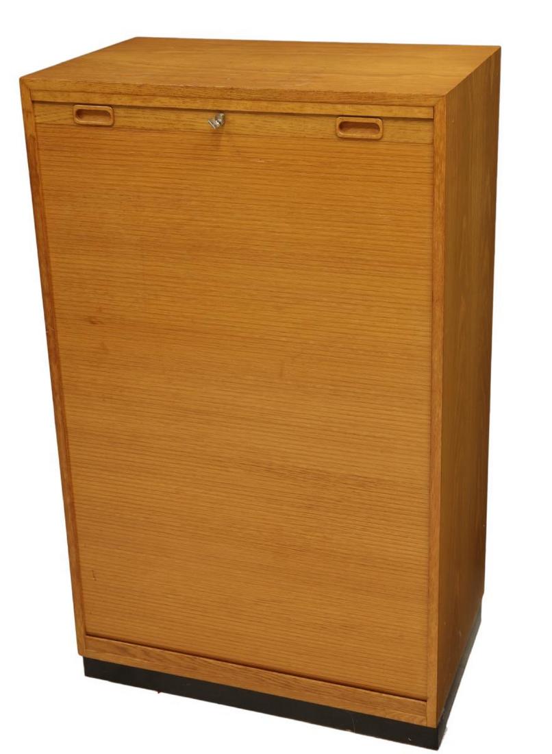 SCANDINAVIAN OAK TAMBOUR FRONT FILE CABINET: Scandinavian oak tambour front file cabinet, c. 1970s, having nine interior pull out trays, all on a plinth base, approx 50"h, 30"w, 18.25"d Start Price: $200.00