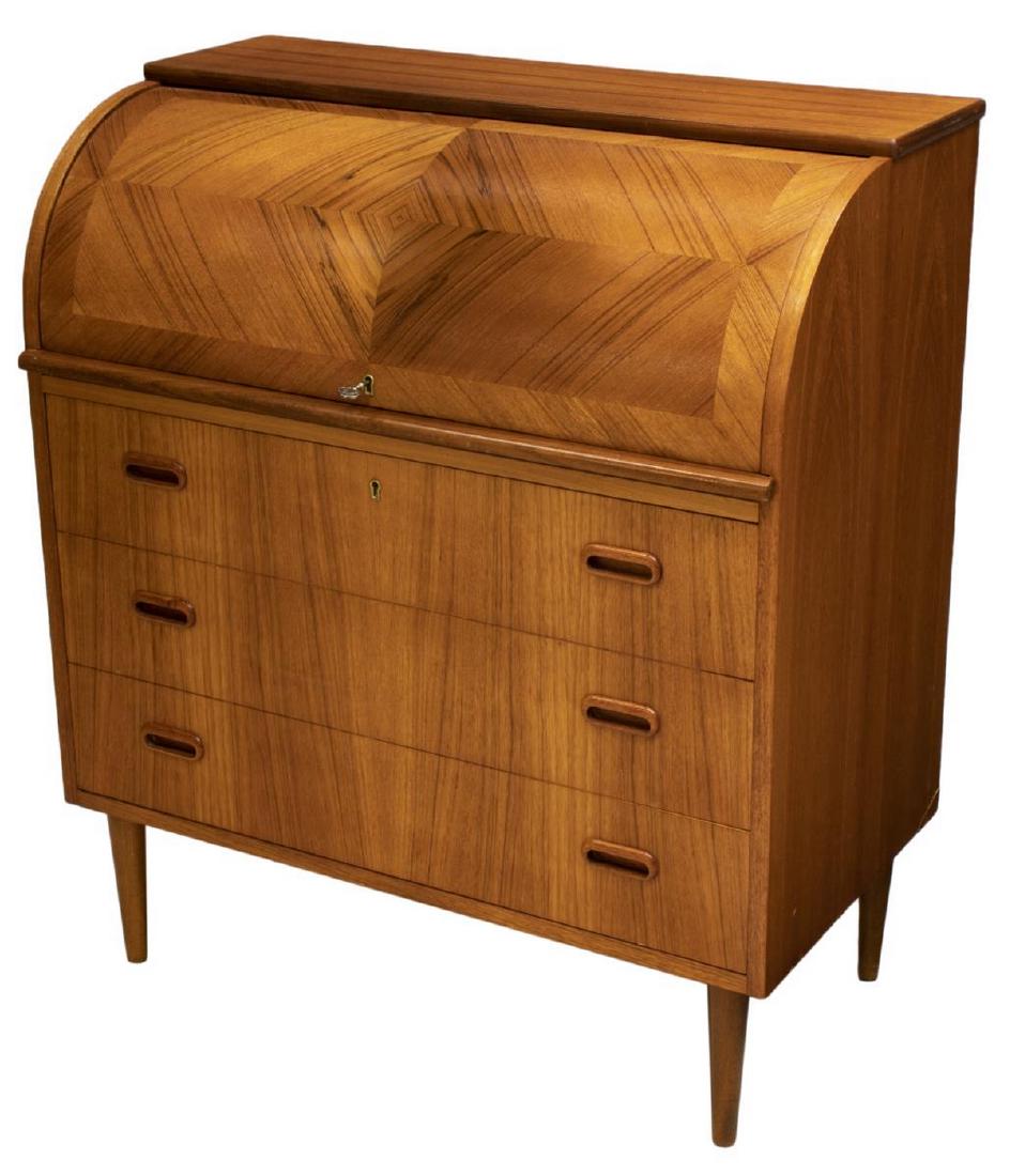 DANISH MID-CENTURY MODERN TEAK BUREAU DESK: Danish mid-century modern teak bureau/ desk, c. 1950s, having roll top, opening to fitted interior gallery and pull-out writing surface, over lower case fitted with three drawers with recessed pulls,